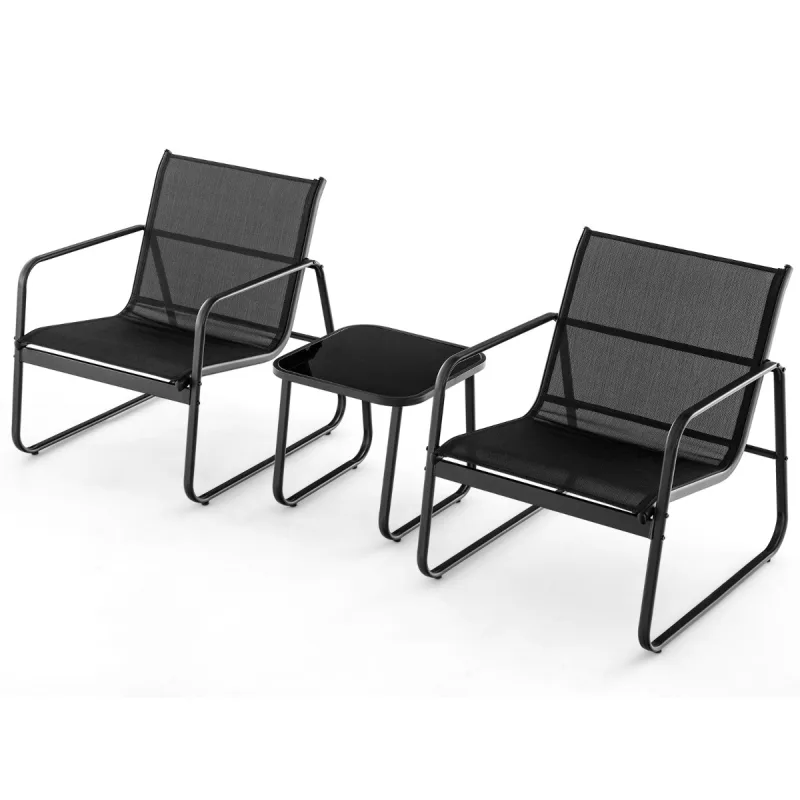 Costway Conjunto de Sillas y Mesa de Metal al Aire Libre con Tela Transpirable y Encimera de Vidrio Negro