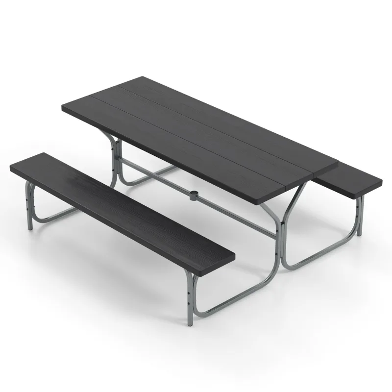 Costway Juego de 2 Bancos de Mesa para 8 Personas con Marco de Metal Mesa de HDPE para Todo Clima Orificio para Sombrilla para Jardín
