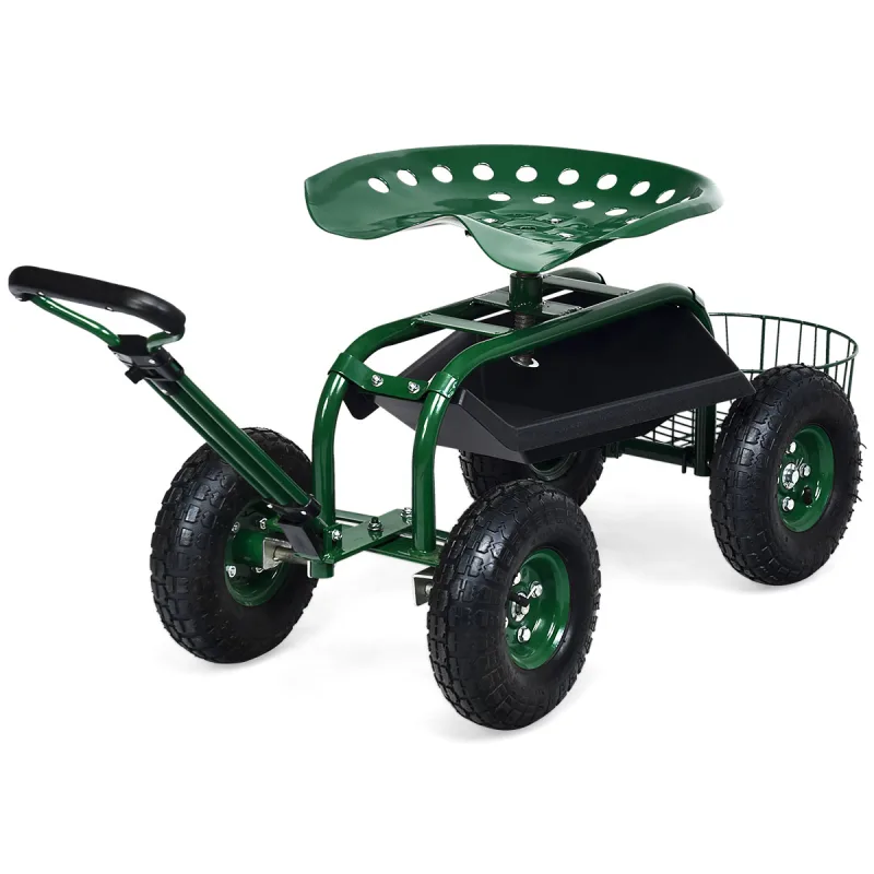 Costway Carro Orientable para Jardín con Asa Extensible Cesta de Almacenamiento Asiento Ajustable 2 Bandejas de Herramientas Verde