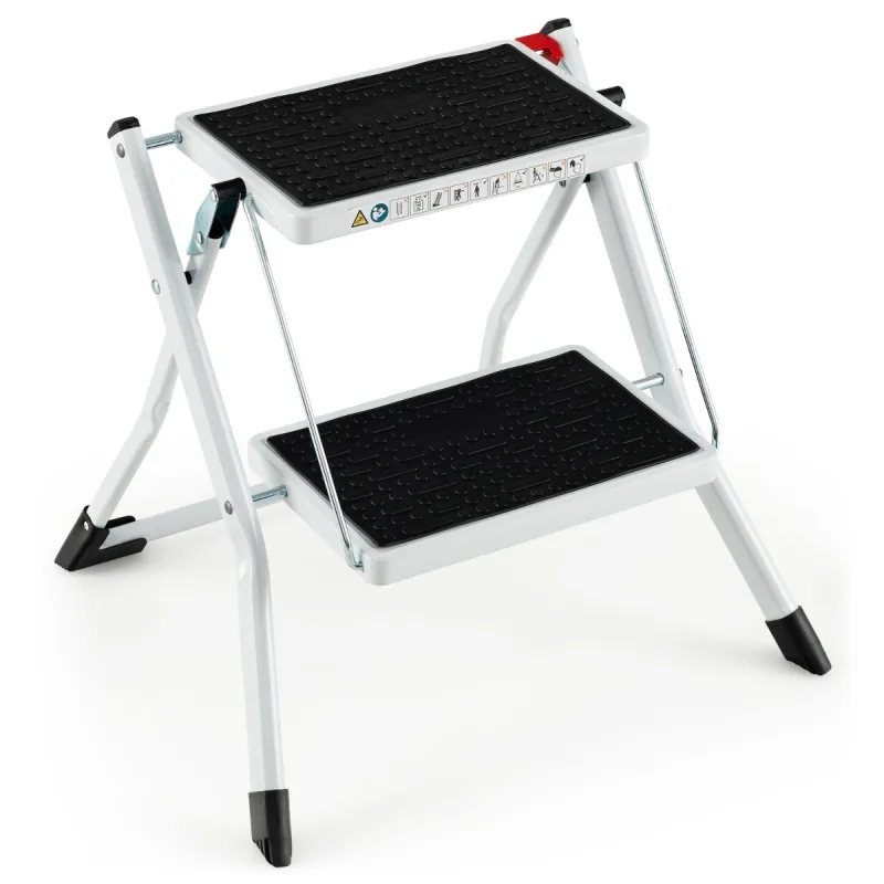 Costway Escalera de 2 Peldaños Taburete Plegable de Metal con Pedal Antideslizante Almohadillas para Pies Portátil para Hogar Carga 150kg Blanco