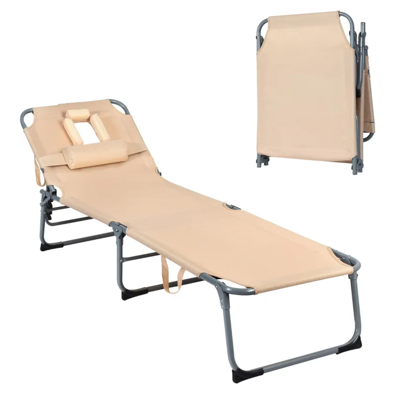 Costway Tumbona Ajustable Plegable Silla Reclinable de Playa con Cojines para Acostarse Boca Abajo/Arriba y Cavidad Facial Beige
