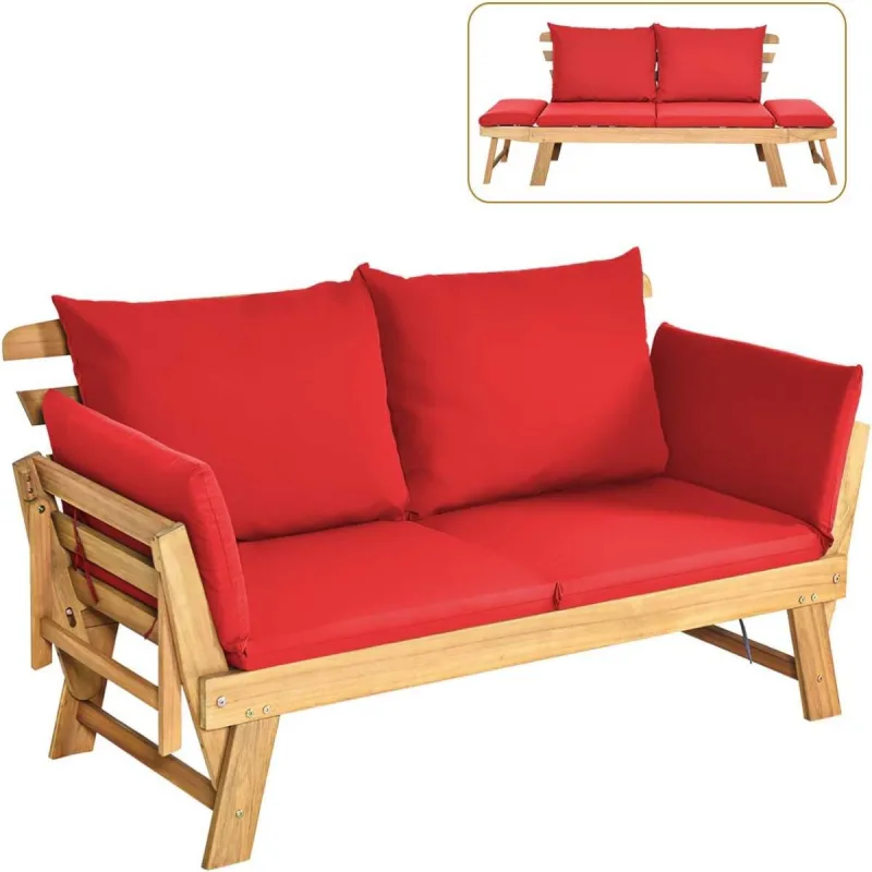 Costway Sofá Cama Convertible de Patio Madera Acacia con Apoyabrazos Ajustable Cojines Almohadas 2 Plazas para Exterior 198 x 75 x 75 cm Rojo