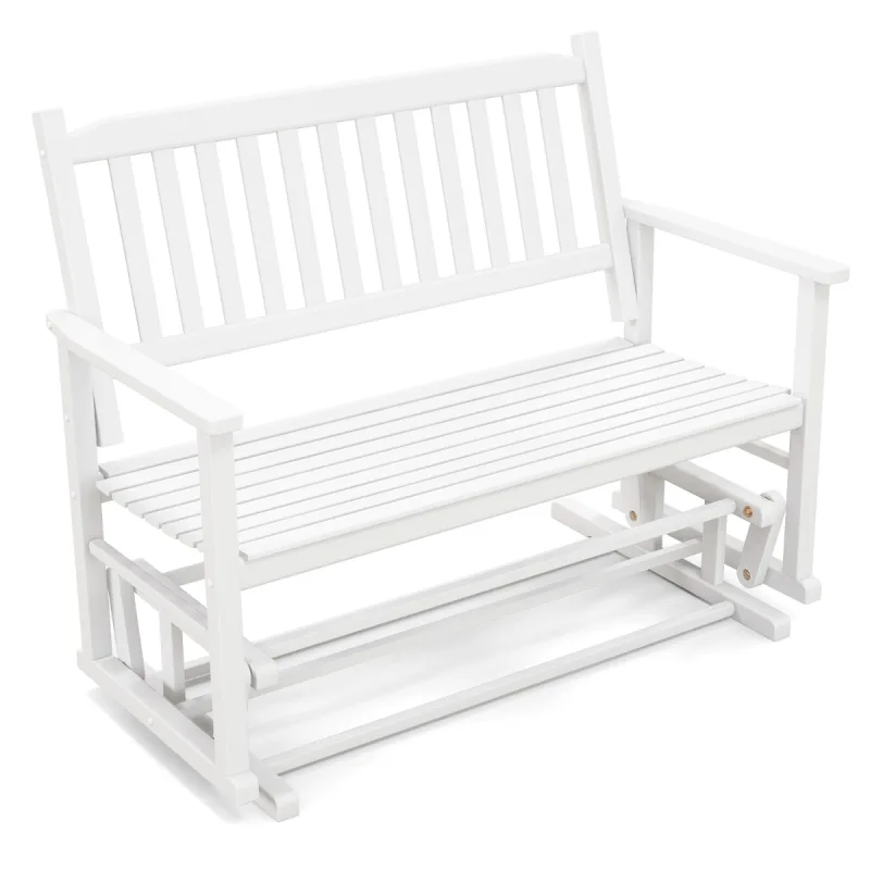 Costway Banco de Patio para 2 Plazas Banco Mecedor con Suave Seguro Asiento de Listones y Respaldo Curvado Deslizamiento 126 x 68 x 100 cm Blanco