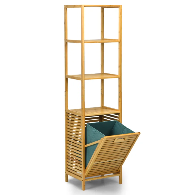 Costway Estante con Cesta de Ropa Sucia Retráctil de Bambú para Baño Organizador Torre 3 Repisas para Lavandería Salón Natural 40 x 33 x 160 cm