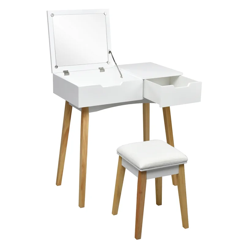 Costway Tocador con Espejo Hermético con Taburete y Cajón para Dormitorio Baño Blanco 74 x 40 x 115 cm