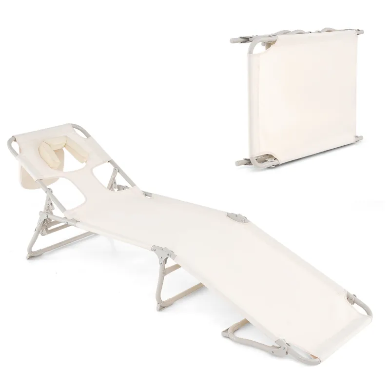Costway Silla de Bronceado con Orificios para la Cara y los Brazos Silla de Playa Plegable con Respaldo y Reposapiés Ajustables Silla de Salón Beige
