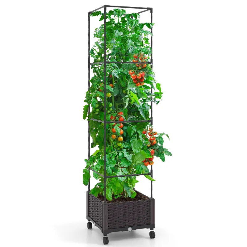 Costway Macetero Elevado de 170 cm con Enrejado Sistema de Riego Automático Ruedas Macetero Vertical para Plantas Trepadoras Flores Vegetales