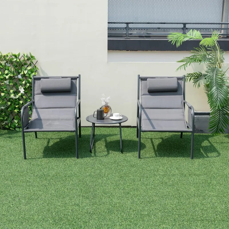 Costway Juego de Bistró de 3 Piezas con Mesa de Centro Silla de Metal Tela de Asiento Transpirable Reposacabezas para Piscina Porche Patio Gris