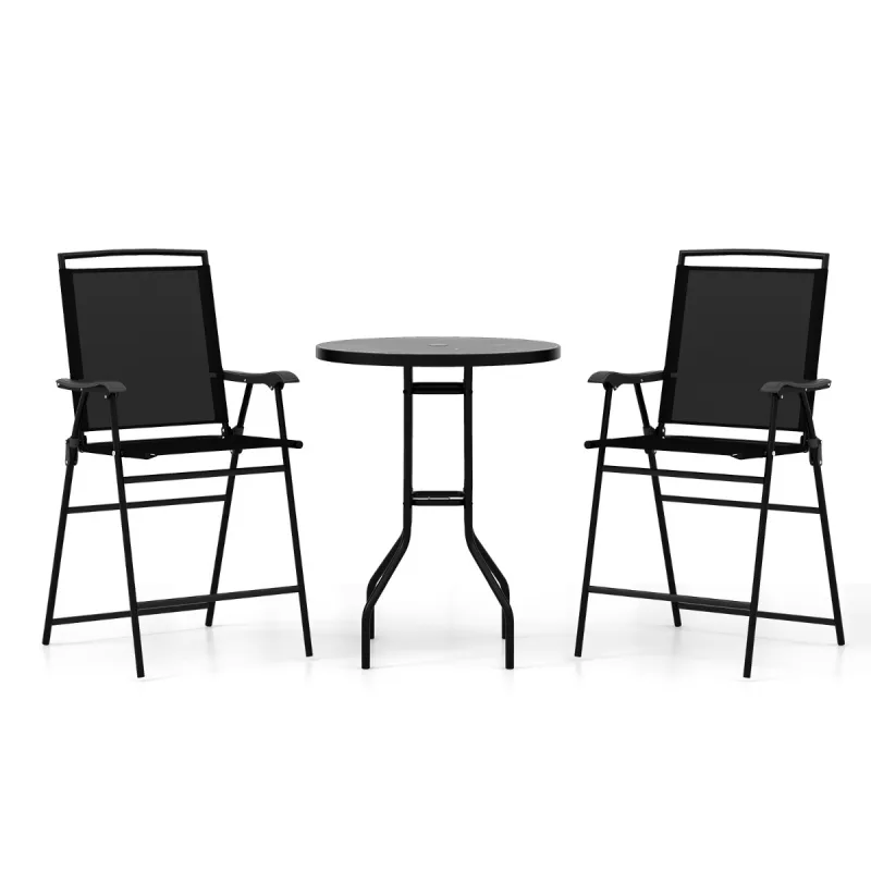 Costway Juego de Muebles de Bistró 3 Piezas 2 Taburetes de Bar Plegables con Mesa Orificio para Sombrilla y Reposapiés para Exterior Patio Negro