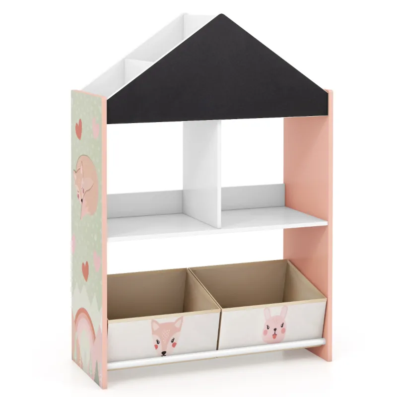 Costway Estantería Infantil en Forma de Casa Organizador de Juguetes de Madera con Pizarra y Tablero Blanco 4 Compartimentos 2 Cajones
