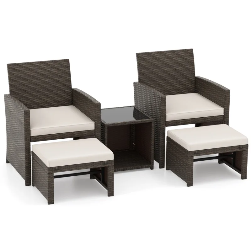 Costway Set de 5 Muebles de Ratán Set Conversación de Exterior con Silla Acolchada Otomana y Mesa Baja para Jardín Patio Piscina