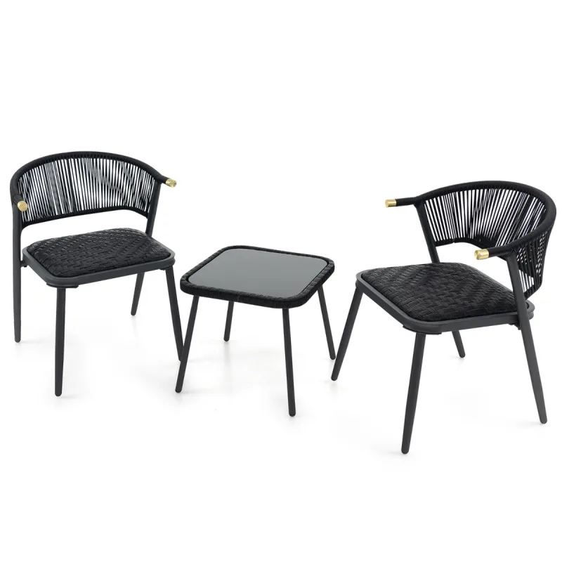 Costway Juego de Muebles de Ratán de 3 Piezas con Sillas Acolchadas Mesa de Vidrio Templado Asiento de Mimbre Respaldo Tejido de Cuerda Negro