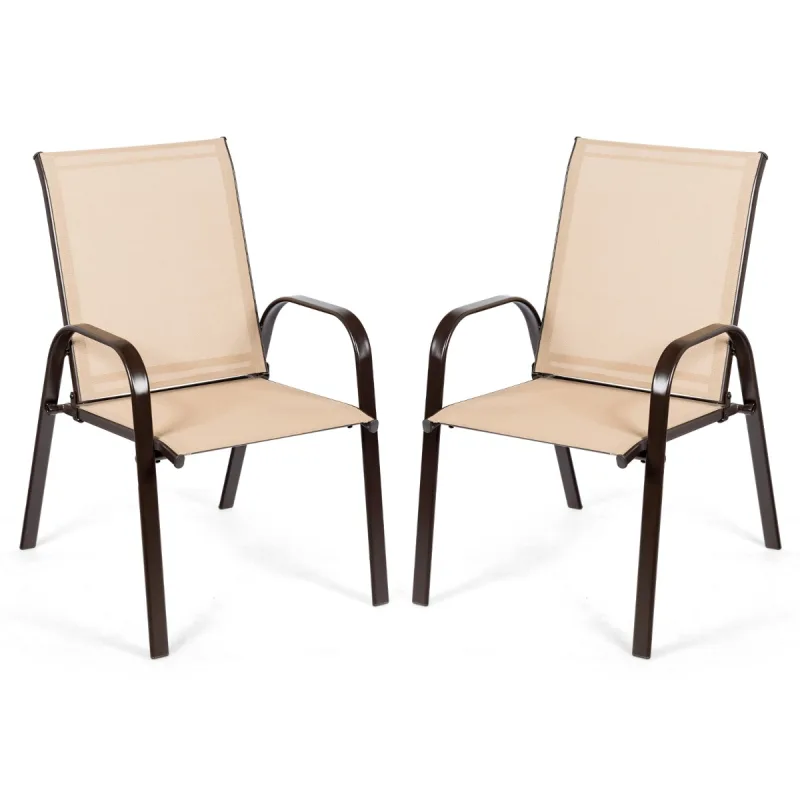 Costway Juego de 2 Sillas de Comedor con Reposabrazos Curvos Tela Fácil de Secar Marco de Metal Reforzado Asiento Ancho para Piscina
