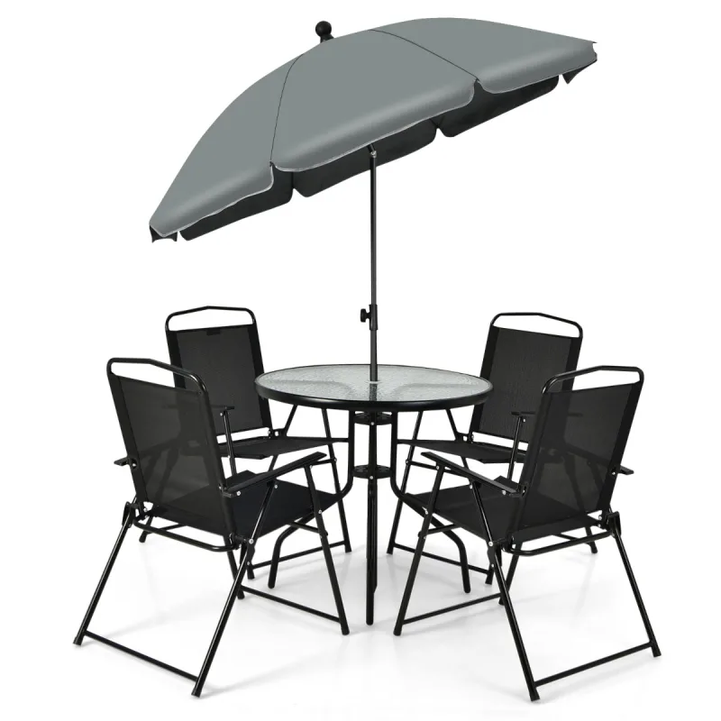 Costway Conjunto Mesa y 4 Sillas Plegables con Tapa de Cristal Templado y Sombrilla Juego de Comedor 6 Piezas para Jardín Terraza y Piscina Negro