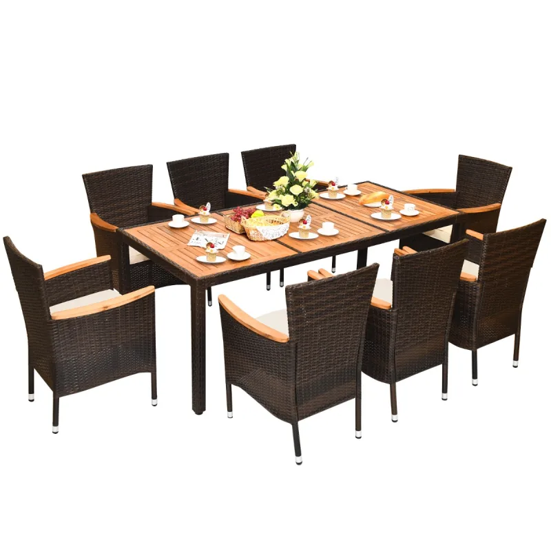 Costway Juego de Comedor de Patio de 9 Piezas para 8 Personas con Tablero de Acacia y Cojines Removibles Set de Muebles para Jardín Porche Piscina
