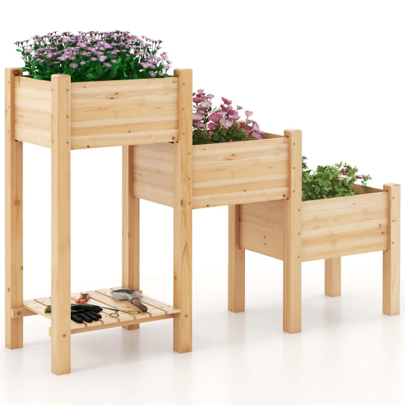 Costway Cama Elevada de Jardín de 3 Niveles Contenedor Vertical para Plantas con Estante Abierto Orificios de Drenaje 161 x 43 x 104 cm Natural