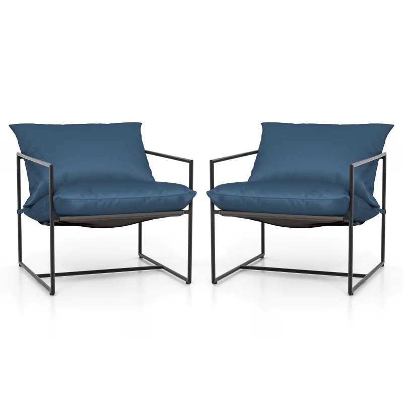 Costway Juego de 2 Sillón con Cabestrillo Cojines de Asiento Respaldo Tela de Asiento y Estructura de Metal para Balcón 71 x 71 x 61 cm Azul
