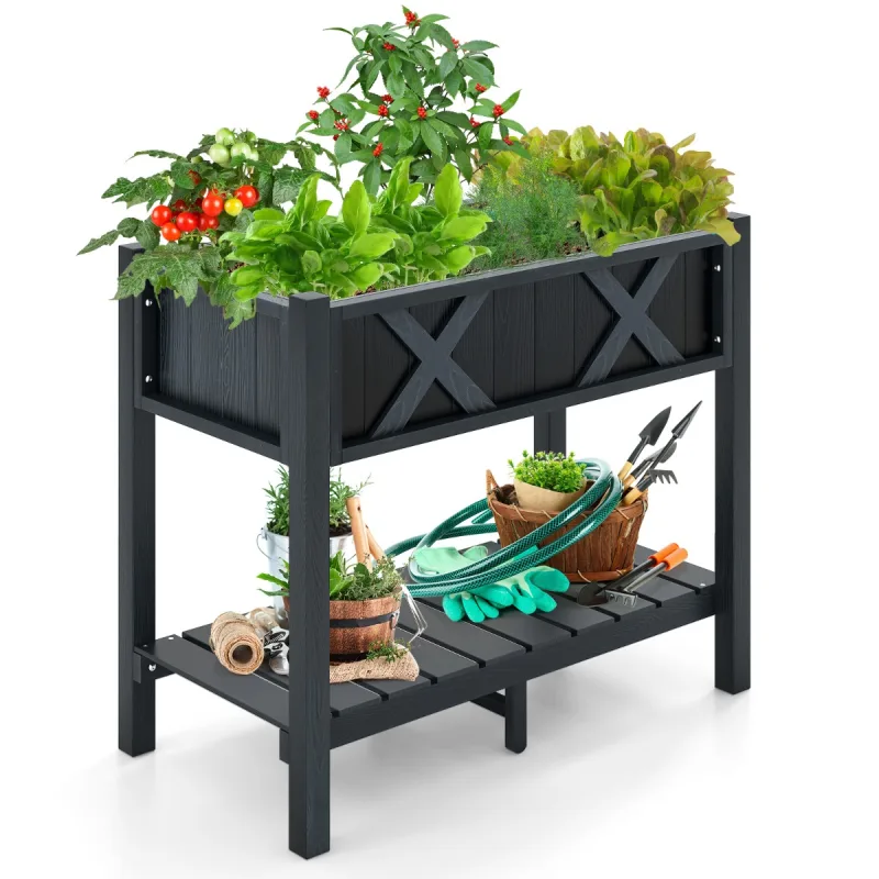 Costway Cama de Jardín Elevada con Patas Orificios de Drenaje Estante de Almacenamiento Cama de Cultivo para Plantas Hierbas 86 x 45 x 73 cm Negro