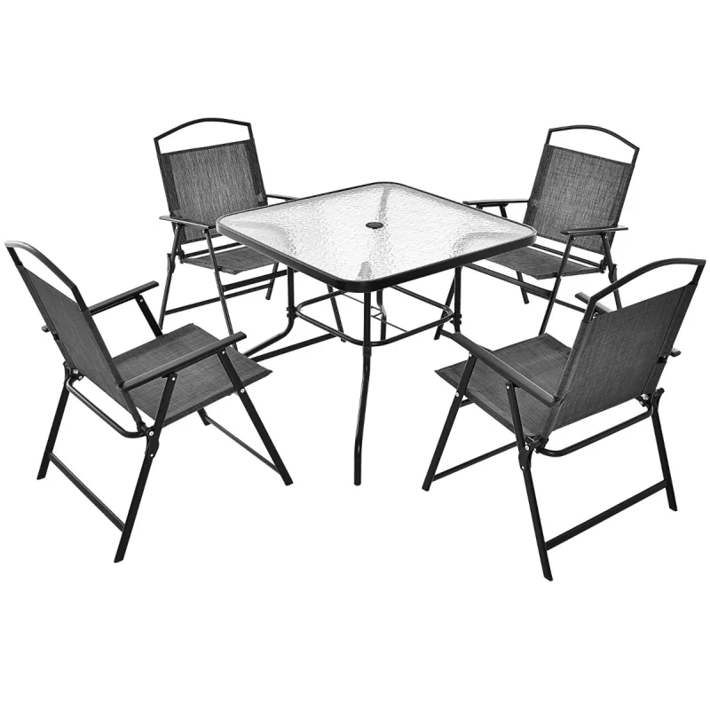 Costway Conjunto Mesa de Comedor y 4 Sillas Plegables para 4 Personas con Tablero de Vidrio Templado para Jardín Piscina Patio y Terraza Gris