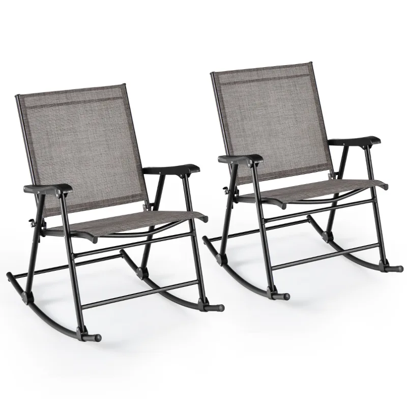 Costway Juego de 2 Sillas Mecedoras Plegables con Tela de Asiento y Marco de Metal para Patio Jardín Terraza y Piscina 82 x 64 x 91 cm Marrón