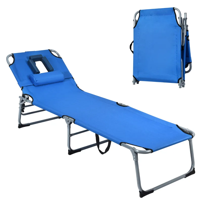 Costway Tumbona Ajustable Plegable Silla Reclinable de Playa con Cojines para Acostarse Boca Abajo/Arriba y Cavidad Facial Azul