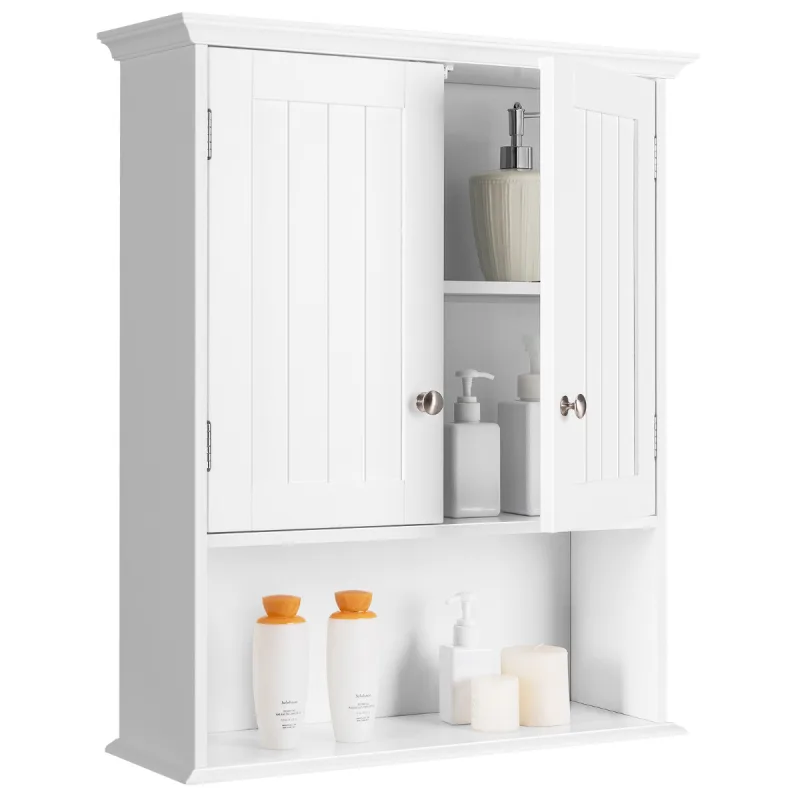 Costway Armario de Baño de Pared Armario de Madera Suspendido con Puertas y Estantes Gabinete Multiuso para Baño 60 x 19 x 71 cm Blanco