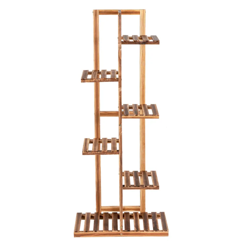 Costway Porta Plantas de Madera 6 Niveles Estante Antivuelco para 7 Macetas Flores Suculentas Expositor para Salón Balcón Marrón 50 x 21 x 124 cm