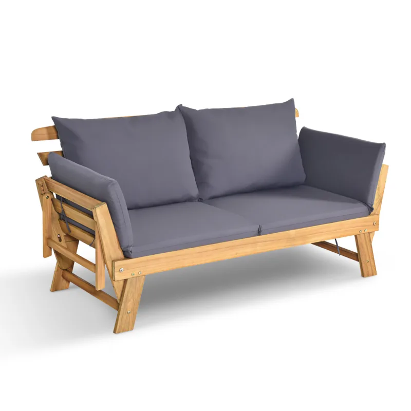 Costway Sofá Cama Convertible de Patio Madera Acacia con Apoyabrazos Ajustable Cojines Almohadas 2 Plazas para Exterior 198 x 75 x 75 cm Gris