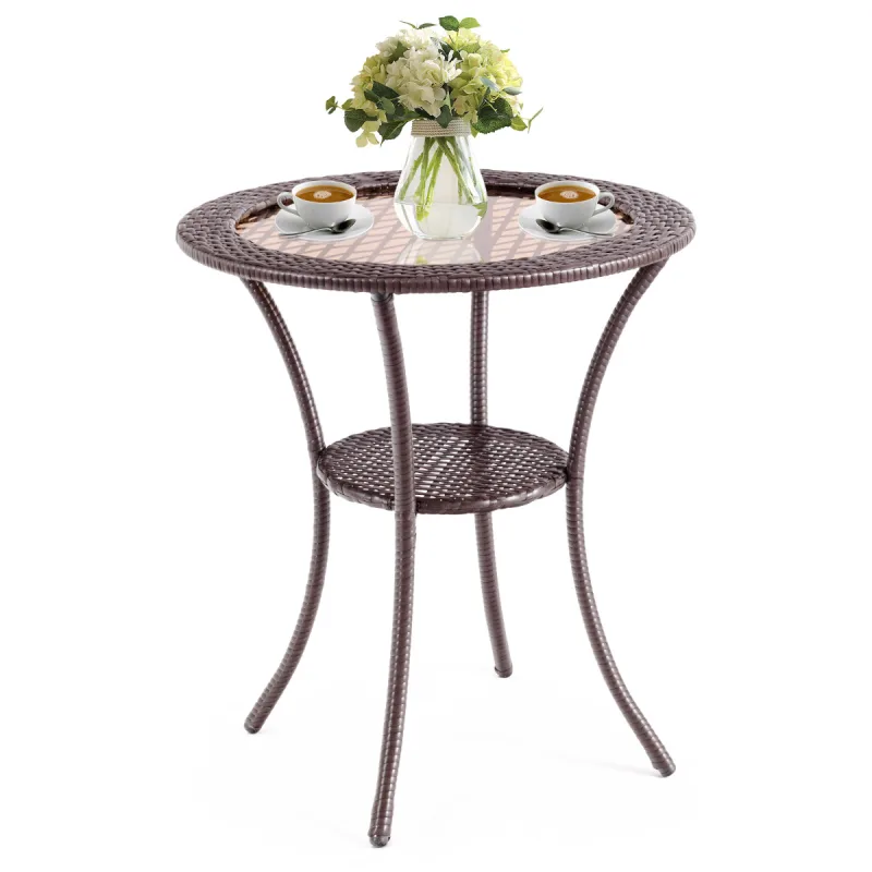 Costway Mesa Redonda de Exterior Mesita para Patio con Superficie en Vidrio Templado y Repisa Mesa de Ratán PE para Piscina Jardín Marrón