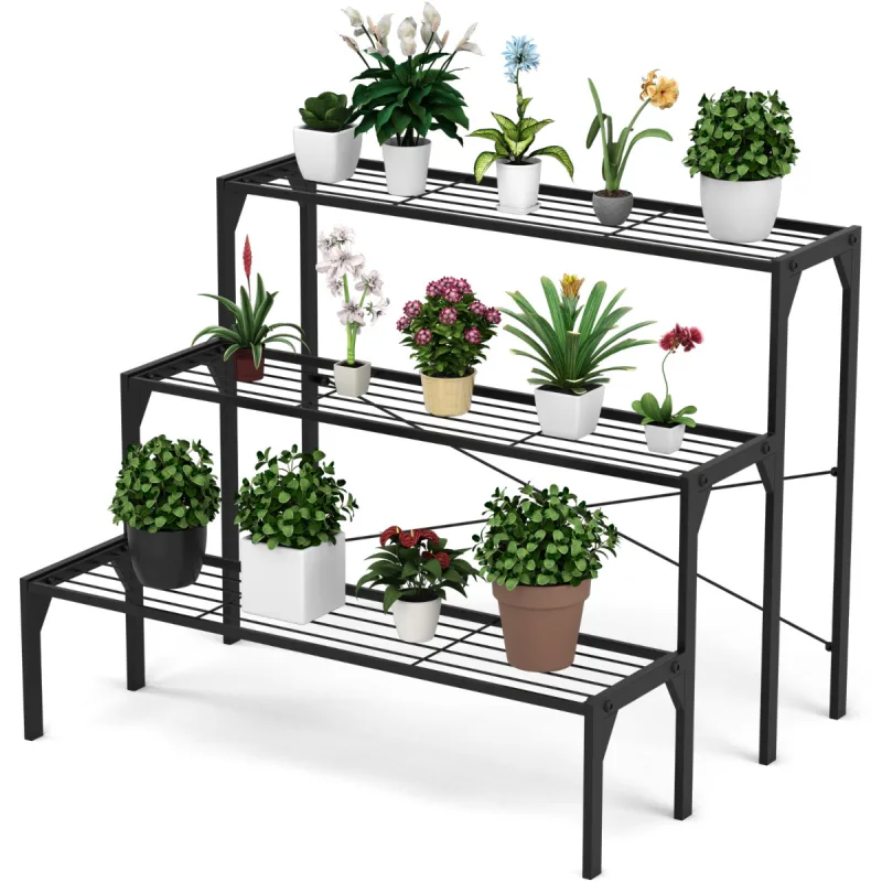 Costway Porta Plantas de Metal 3 Niveles Estante para Flores Organizador Repisas de Listones para Patio Balcón 86,4 x 65 x 66 cm Negro