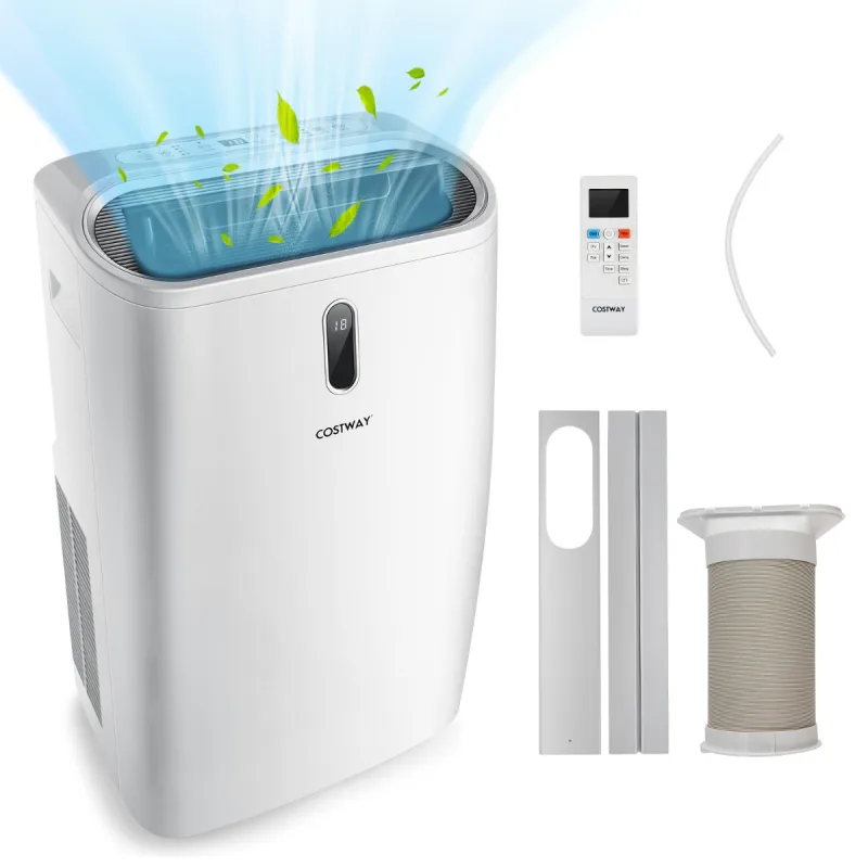 Costway Aire Acondicionado 5 en 1 Portátil 14000 BTU con Mando Deshumidificador Calentador Ventilador Modo Sueño Temporizador 3 Velocidades Blanco