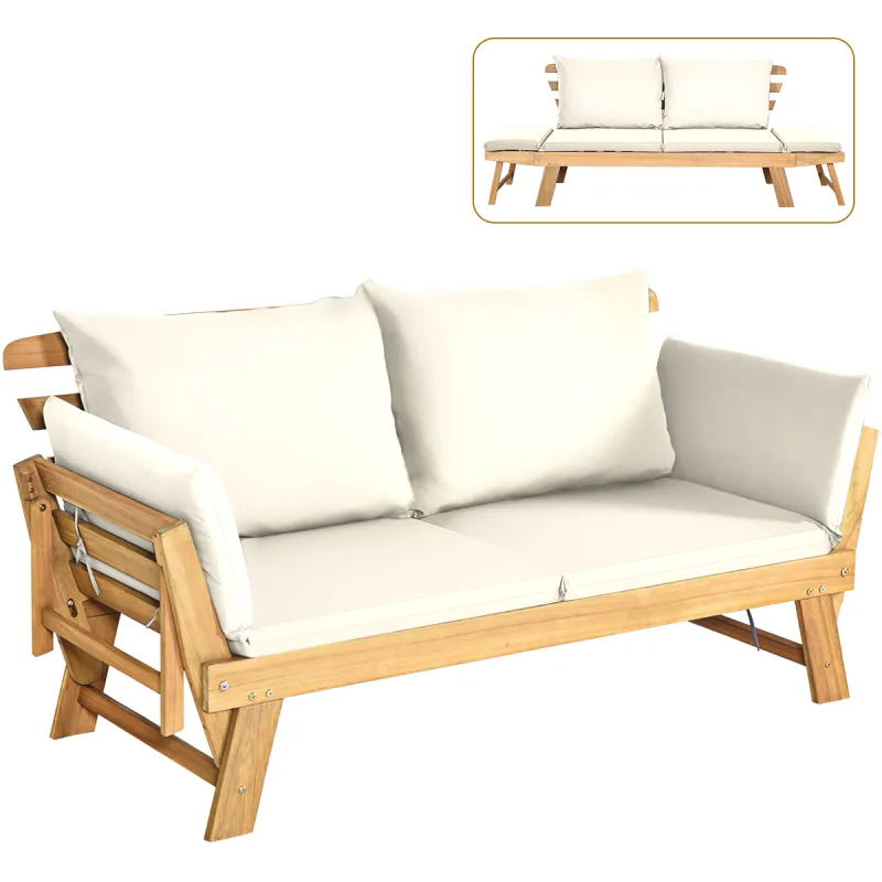 Costway Sofá Cama Convertible de Patio Madera Acacia con Apoyabrazos Ajustable Cojines Almohadas 2 Plazas para Exterior 198 x 75 x 75 cm Blanco