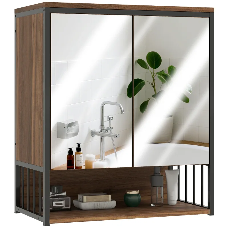 HOMCOM Armario mural para baño con espejo de 56x65 cm y compartimento abierto, mueble de baño, armario con puerta para inodoro con cierre suave, Marrón