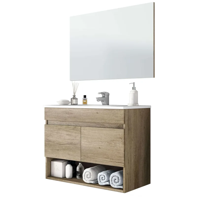 Mueble de Baño Estilo Natural en Color Roble Nordik con 1 Hueco de Almacenamiento y 2 Puertas 80x64x45 cm (Lavabo Opcional)