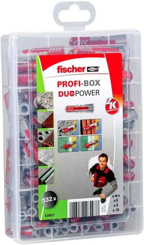 fischer - Maletín Tacos DUOPOWER 6x30 mm | Tacos Universales para Pared, Lámparas, Aire Acondicionado, Espejo y Cuadro | Nylon Bicolor Alta Resistencia | Montaje Rápido y Seguro | 100 uds