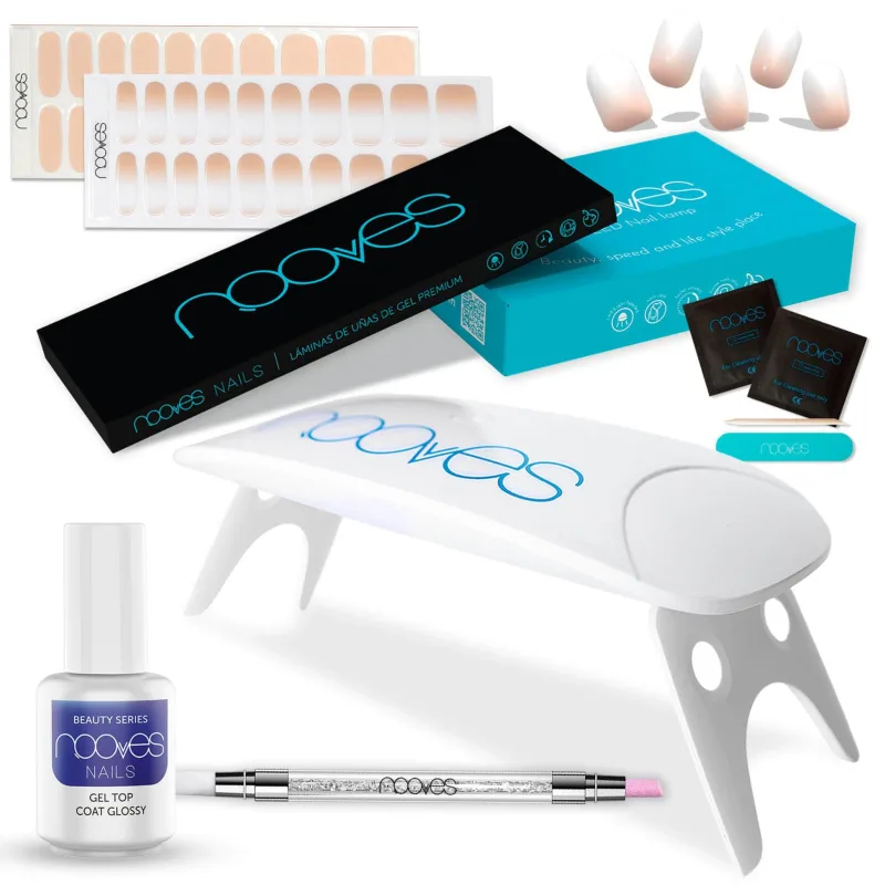 NOOVES Starter Kit: 2 Láminas de Gel + Lámpara Secado + Top Coat + Quartz Dual Stick| 40 uds Beauty Nude, Semicuradas y Veganas con Lima y Palito de Naranjo