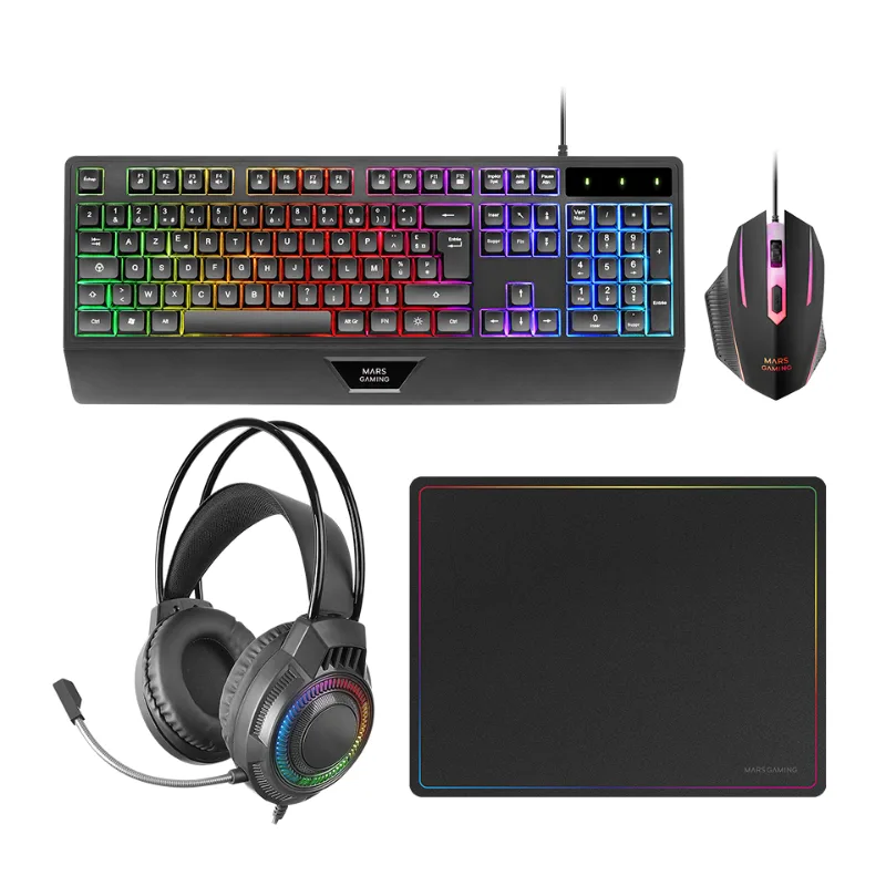Mars Gaming MCP124PRO, Español, Combo Gaming 4en1, Teclado RGB H-Mech con Reposamuñecas, Ratón RGB 3200DPI y Switches HUANO, Auriculares FRGB, Alfombrilla Nanotextil 36x26cm, Multiplataforma, Negro