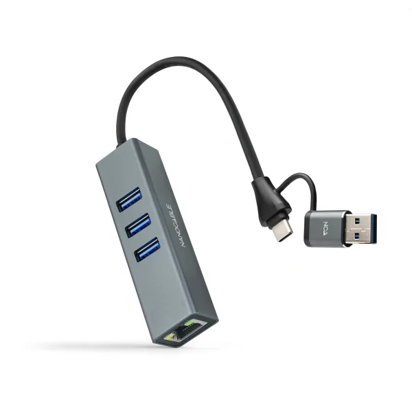 Nanocable Conversor USB-C+USB-A/M 3.0 a Ethernet + 3xUSB-A 3.0, Aluminio, Gris, 15 cm
