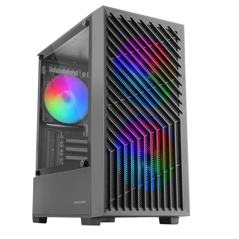 Mars Gaming MC- Vortex, Caja Gaming MicroATX, Frontal Mesh Geométrico, Ventana Lateral Cristal Templado, 3X Ventiladores FRGB Rainbow 120mm, Minitorre PC Compacta con Diseño Doble Cámara, Negro