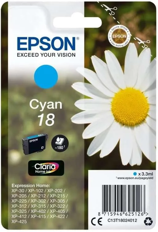 Epson C13T18024010 - Cartucho de tinta, cian válido para los modelos Expression Home XP-425, XP-422, XP-415, XP-412, XP-212, XP-202, XP-102 Ya disponible en Amazon Dash Replenishment, Normal