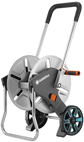 Gardena CleverRoll M Metal: Carro portamanguera, Firme, Estable guía de la Manguera, Sistema antigoteo, Color Plata/Naranja/Negro, 60 m