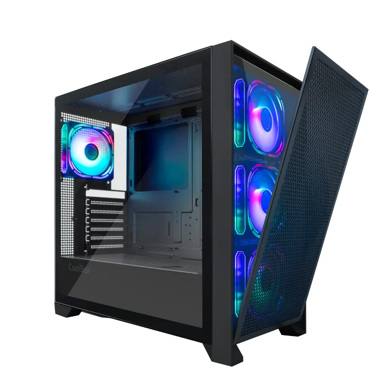 CoolBox Caja de Ordenador Gaming ATX GE2000 DualView con Doble Frontal Intercambiable, 4 Ventiladores ARGB Incluidos, Compatible con Refrigeración Líquida hasta 360mm. Caja PC Gamer, Torre PC