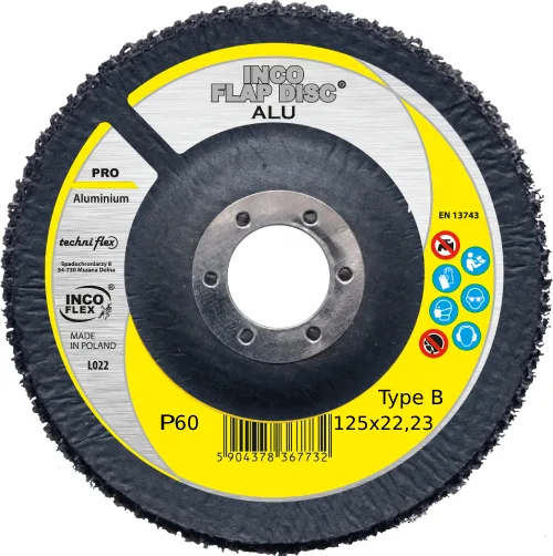 Incoflex, modelo ALU PRO 125 P60, disco de láminas, ideal para lijado de aluminio y metales no ferrosos, grano P60, diseño en abanico, alta durabilidad, color marrón abrasivo