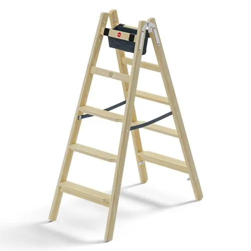 Hailo Master H80 - Escalera de madera de doble peldaño (2 x 5 peldaños, transitable por ambos lados, escalones ergonómicos de 80 mm, madera de pino impregnada, uniones estables, bolsa de herramientas