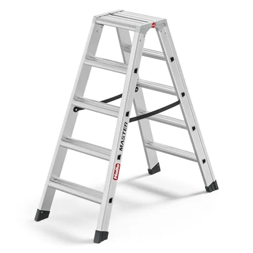 Hailo Master D100 - Escalera de doble peldaño (aluminio, transitable por ambos lados, peldaños antideslizantes, gran superficie de apoyo, 2 x 5 peldaños, certificado EN 131, soporta hasta 150 kg)