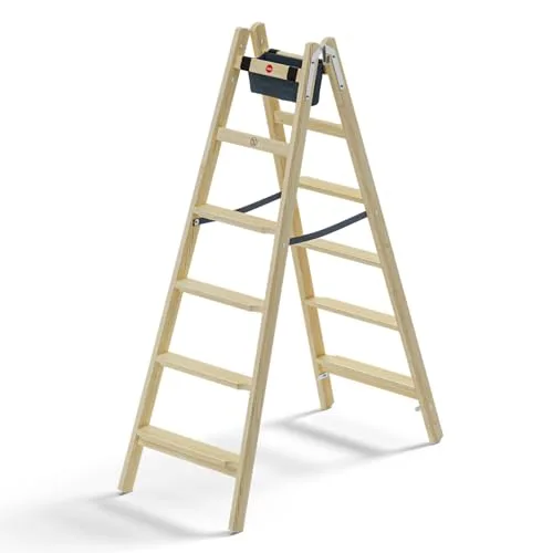 Hailo Master H80 - Escalera de madera de doble peldaño (2 x 6 peldaños, transitable por ambos lados, escalones ergonómicos de 80 mm, madera de pino impregnada, uniones estables, bolsa de herramientas