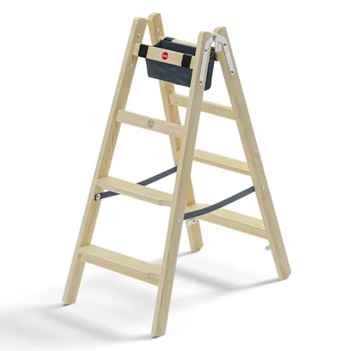 Hailo Master H80 - Escalera de madera de doble peldaño (2 x 4 peldaños, transitable por ambos lados, escalones ergonómicos de 80 mm, madera de pino impregnada, uniones estables, bolsa de herramientas