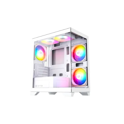 XYZ TITANIUM VIEW LITE Cristal Templado, 6x Ventiladores A-RGB de 120 mm, PWM, Controlador Integrado, Diseño Panorámico 2D, Tipo C, USB 3.0, M-ATX, Blanca